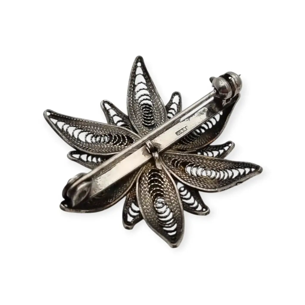 Broche romántico antiguo de flor en filigrana plata 800 para mujer años 50
