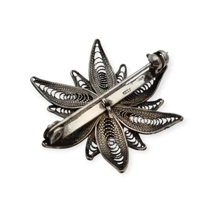 Broche romántico antiguo de flor en filigrana plata 800 para mujer años 50