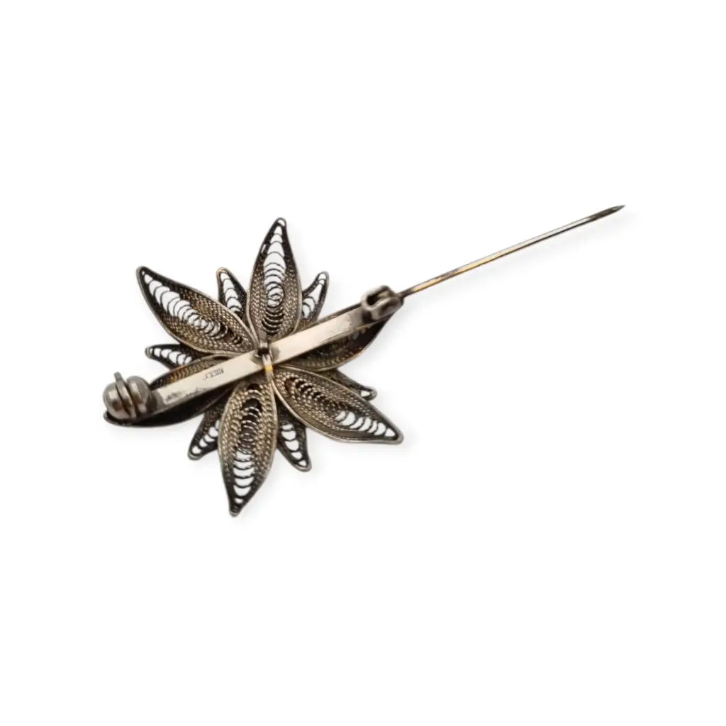 Broche romántico antiguo de flor en filigrana plata 800 para mujer años 50
