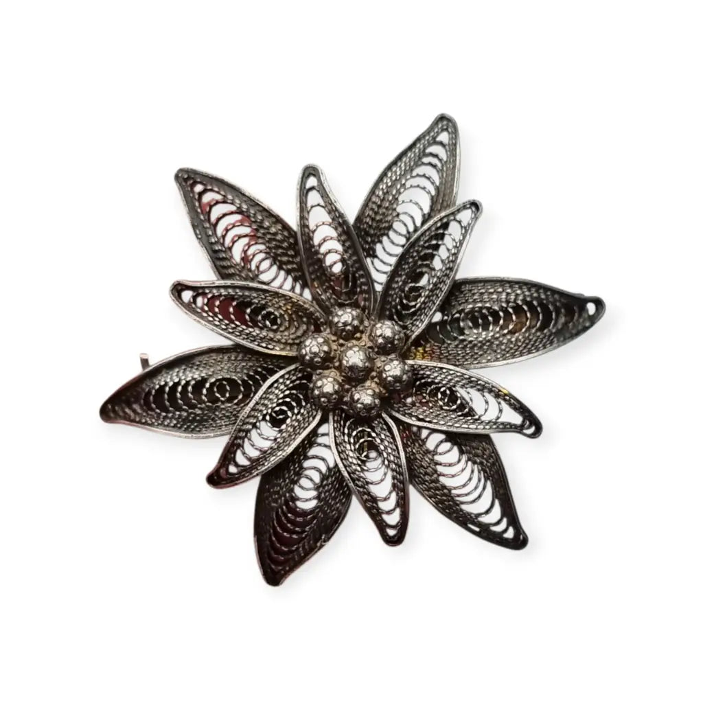 Broche romántico antiguo de flor en filigrana plata 800 para mujer años 50