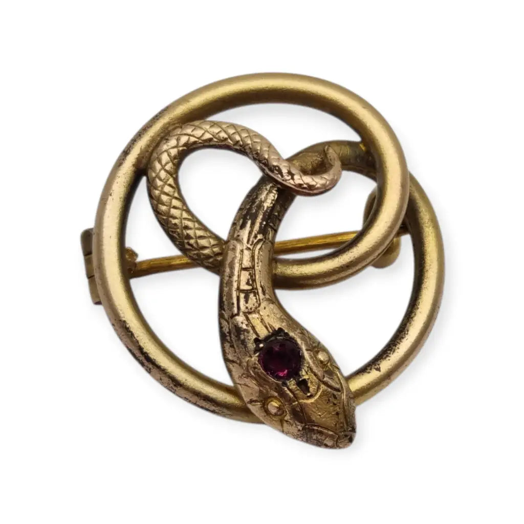 Broche victoriano antiguo en metal dorado con serpiente entrelazada y ojo