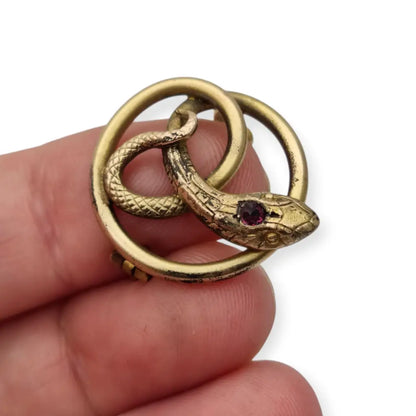 Broche victoriano antiguo en metal dorado con serpiente entrelazada y ojo