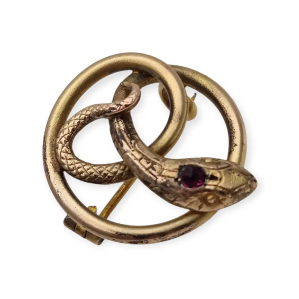 Broche victoriano antiguo en metal dorado con serpiente entrelazada y ojo