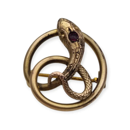 Broche victoriano antiguo en metal dorado con serpiente entrelazada y ojo