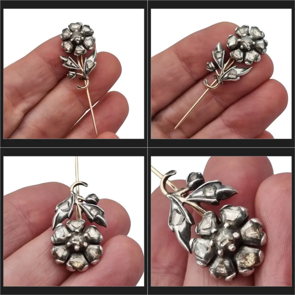 Broche victoriano de flor con diamantes en oro y plata 14 quilates circa
