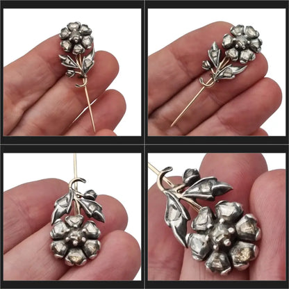 Broche victoriano de flor con diamantes en oro y plata 14 quilates circa