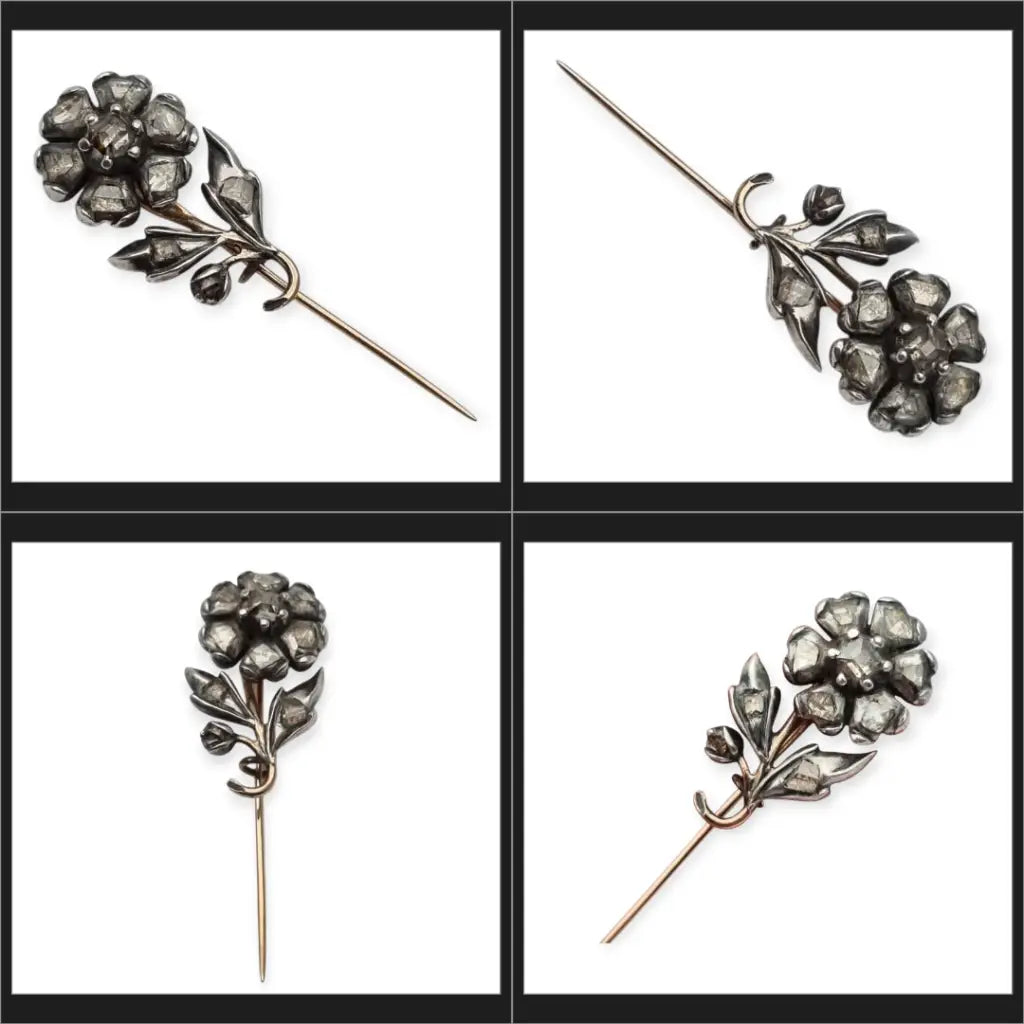 Broche victoriano de flor con diamantes en oro y plata 14 quilates circa
