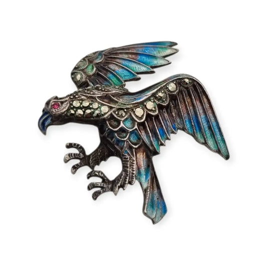 Broche vintage águila en plata 935 con esmalte y marcasitas joya animalista