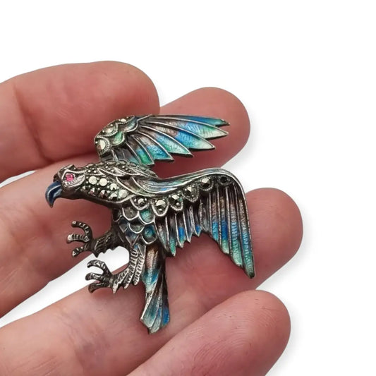 Broche vintage águila en plata 935 con esmalte y marcasitas joya animalista