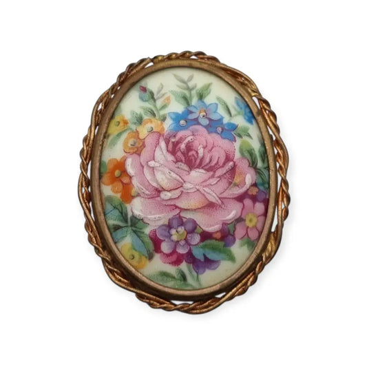 Broche vintage Limoges Francia porcelana pintada a mano con flores montura