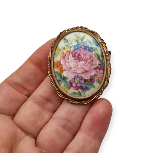 Broche vintage Limoges Francia porcelana pintada a mano con flores montura