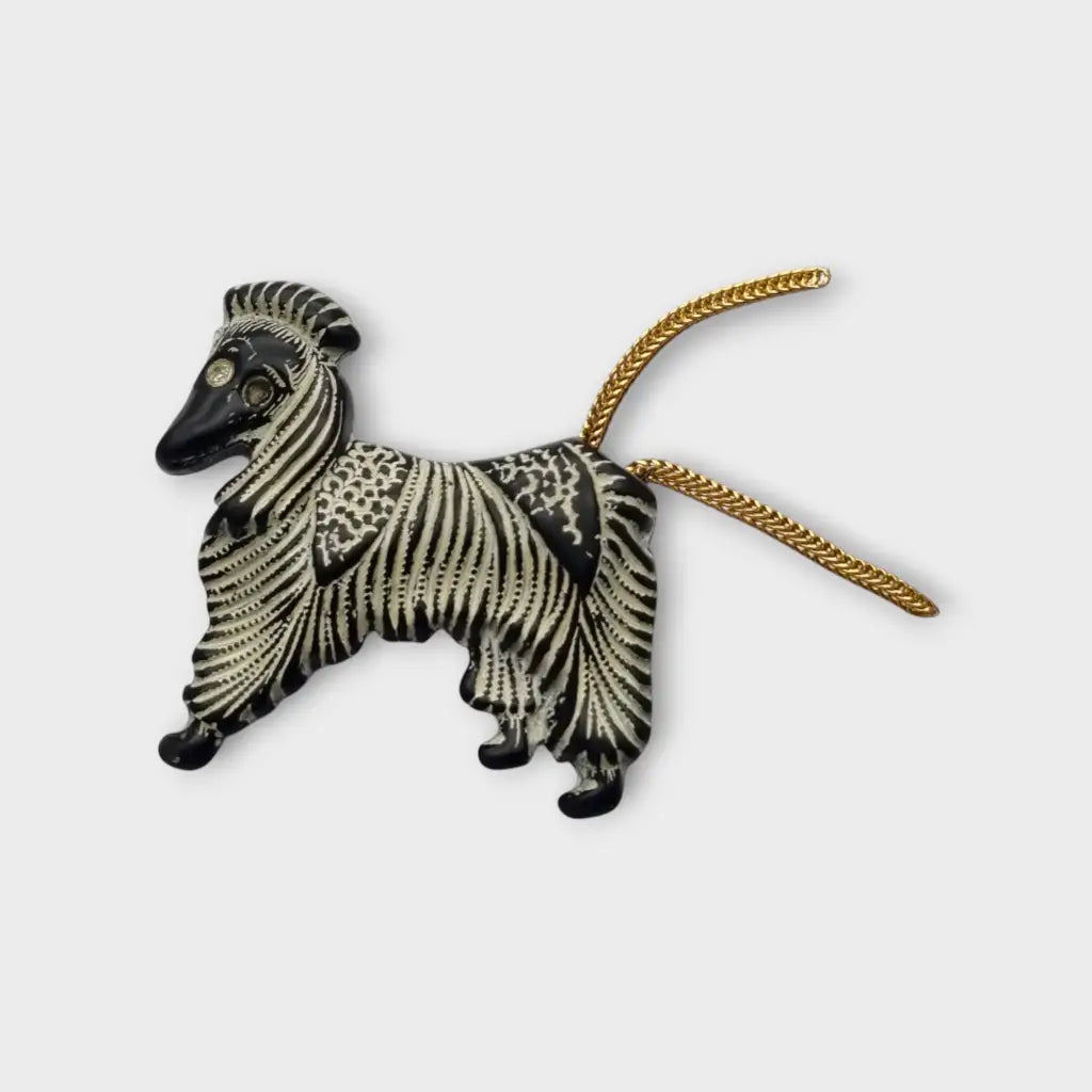 Broche vintage perro afgano negro y blanco años 40 50 con cola metálica joyería