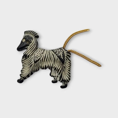 Broche vintage perro afgano negro y blanco años 40 50 con cola metálica joyería