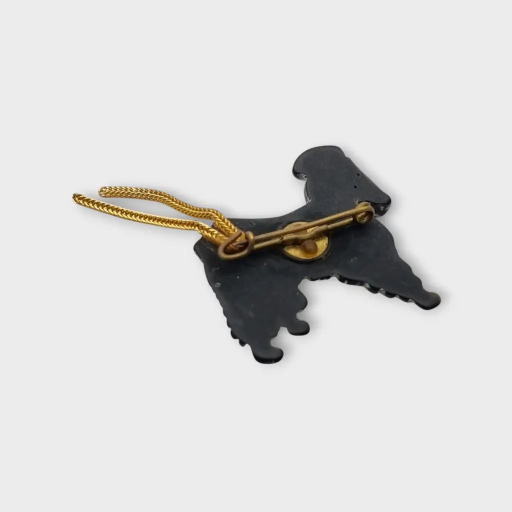 Broche vintage perro afgano negro y blanco años 40 50 con cola metálica joyería