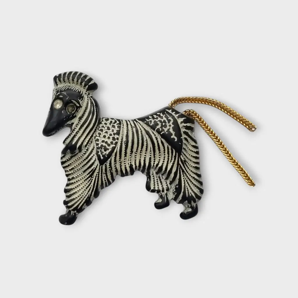 Broche vintage perro afgano negro y blanco años 40 50 con cola metálica joyería