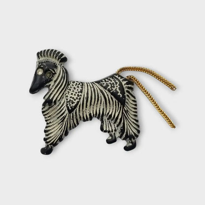 Broche vintage perro afgano negro y blanco años 40 50 con cola metálica joyería