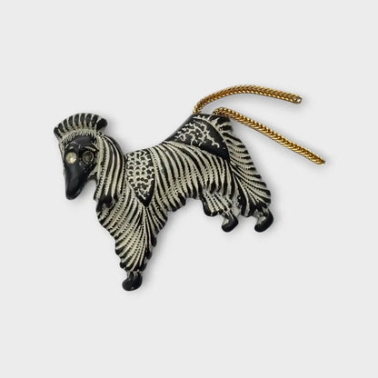 Broche vintage perro afgano negro y blanco años 40 50 con cola metálica joyería