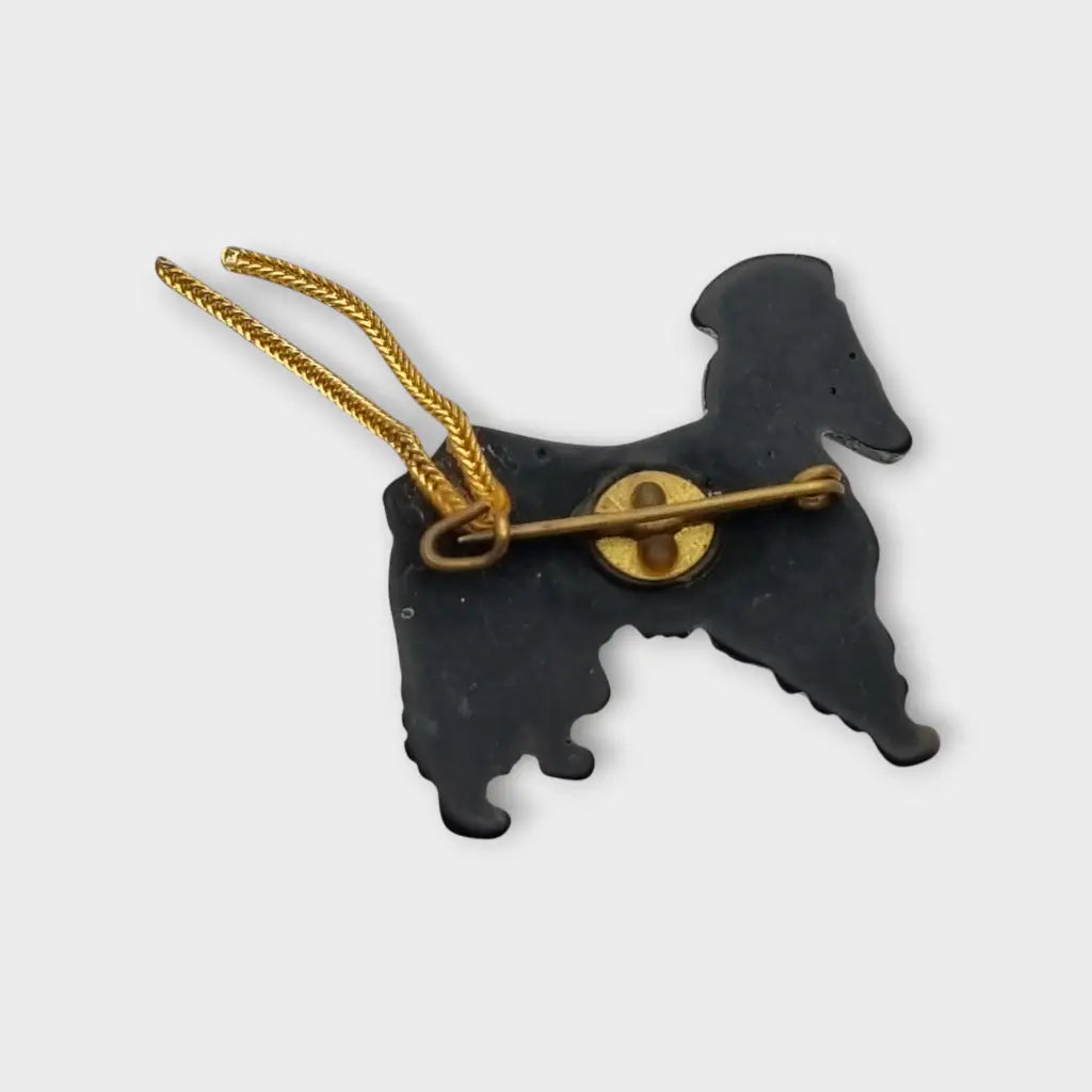 Broche vintage perro afgano negro y blanco años 40 50 con cola metálica joyería