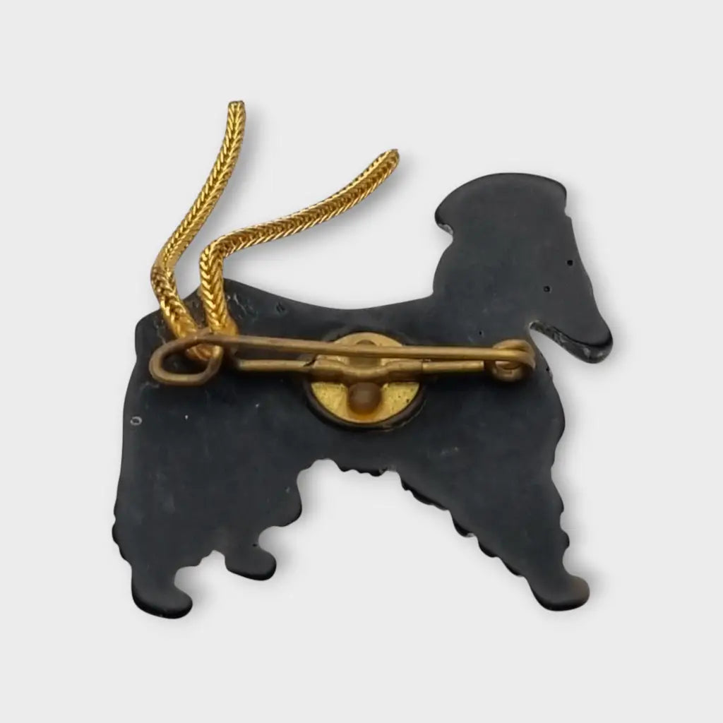 Broche vintage perro afgano negro y blanco años 40 50 con cola metálica joyería