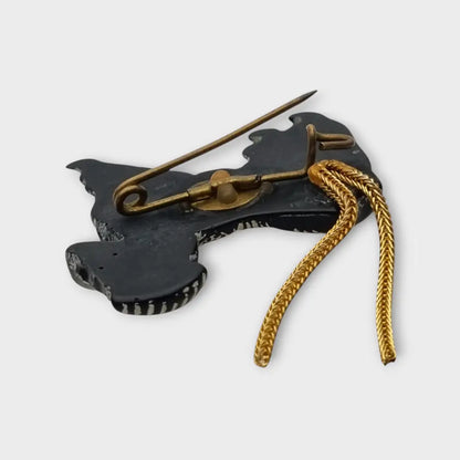Broche vintage perro afgano negro y blanco años 40 50 con cola metálica joyería
