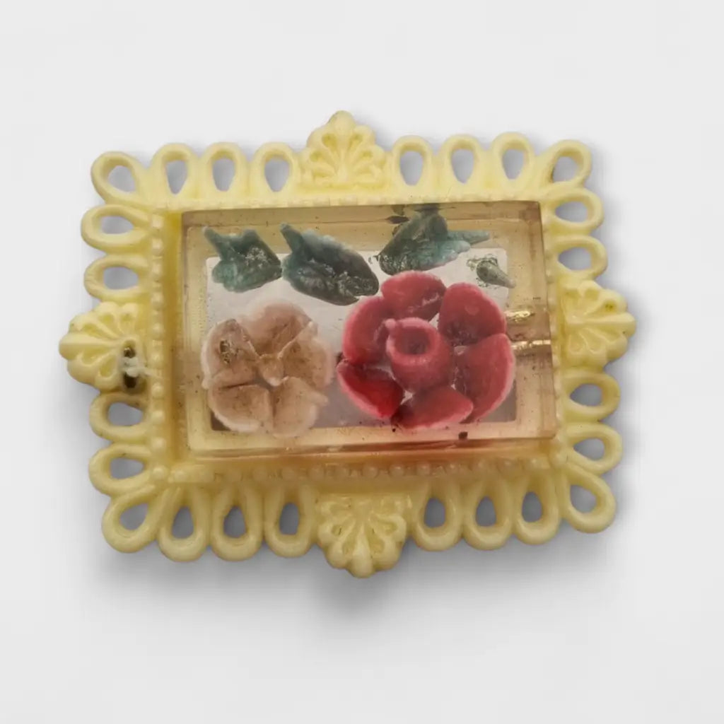 Broche vintage en plástico y resina con flores encapsuladas Bisutería retro