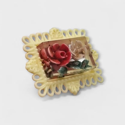 Broche vintage en plástico y resina con flores encapsuladas Bisutería retro