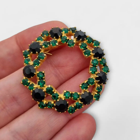 Broche vintage redondo de brillantes diamantes verdes y negros. Regalos retro