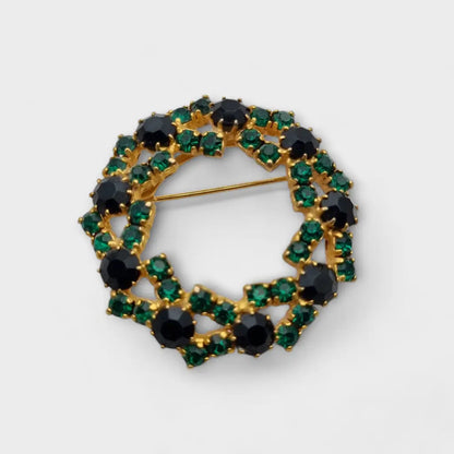 Broche vintage redondo de brillantes diamantes verdes y negros. Regalos retro