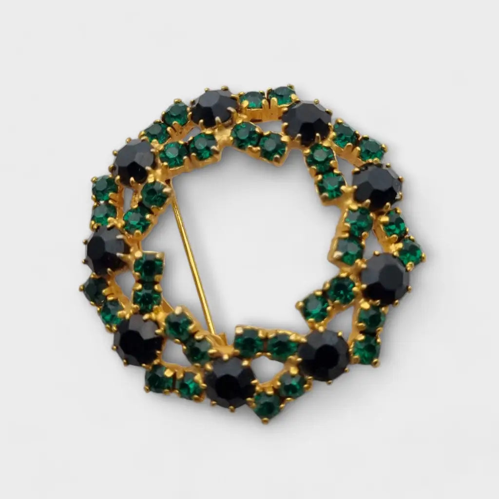 Broche vintage redondo de brillantes diamantes verdes y negros. Regalos retro