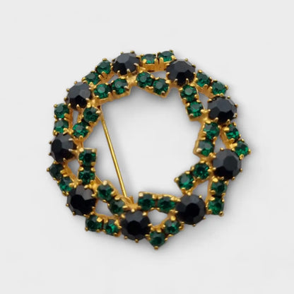 Broche vintage redondo de brillantes diamantes verdes y negros. Regalos retro
