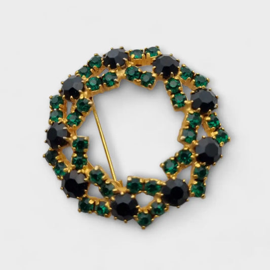 Broche vintage redondo de brillantes diamantes verdes y negros. Regalos retro