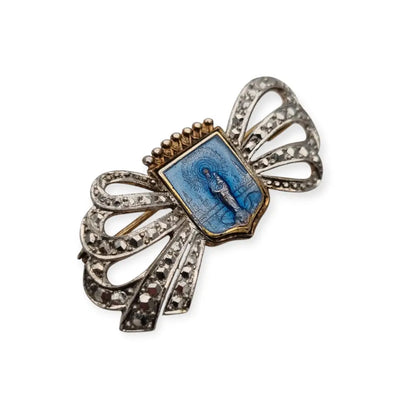 Broche religioso de plata 900 con esmalte azul la Virgen lazo y corona.