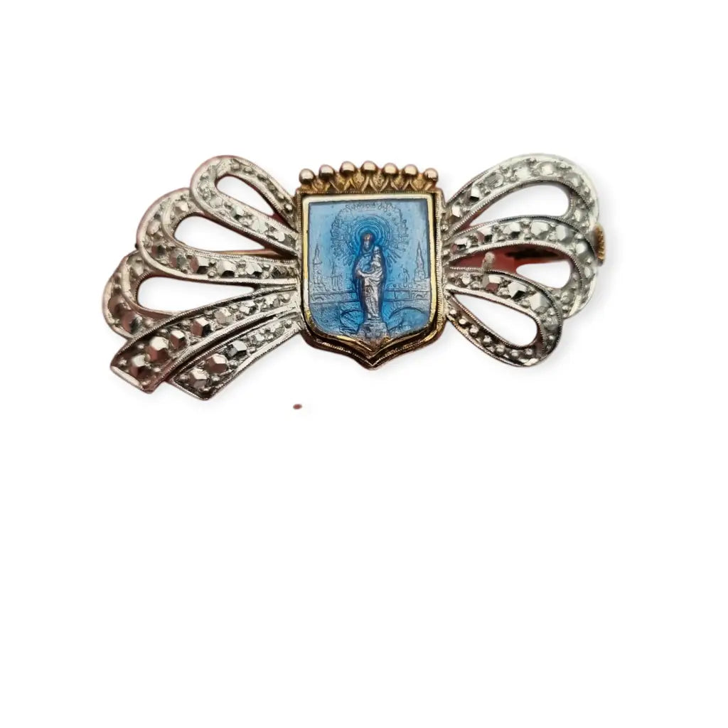 Broche religioso de plata 900 con esmalte azul la Virgen lazo y corona.