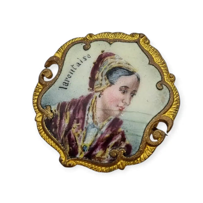 Broche francés de dama en metal dorado y esmaltado firmado Tarentaise 1900.