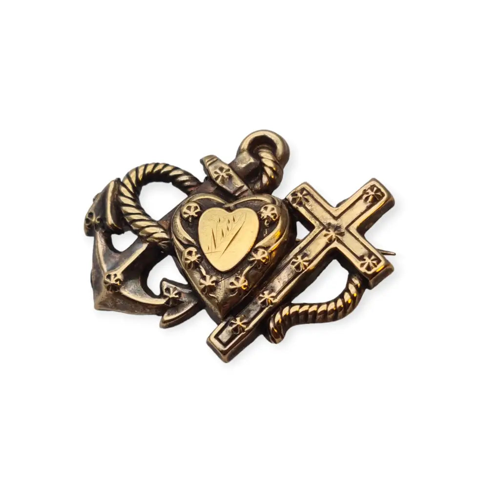 Broche Victoriano Sweetheart: corazón cruz y ancla dorado regalos de mujeres.