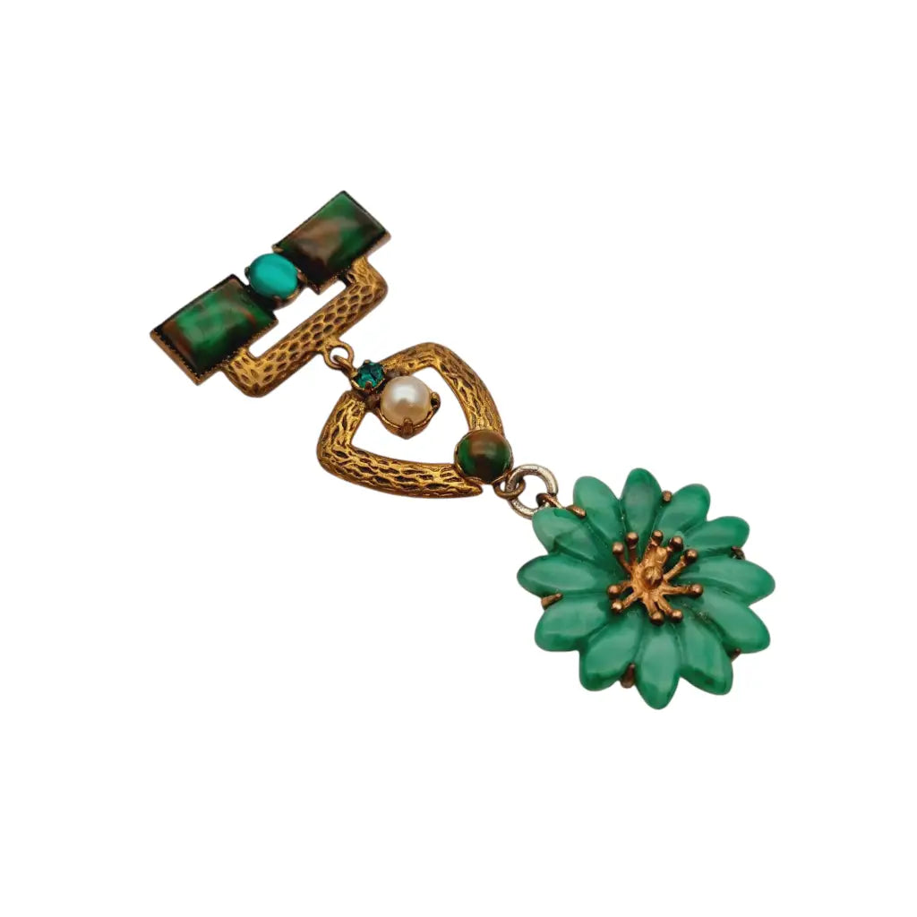 Broche art déco articulado flor verde bisutería fantasía con pedrería