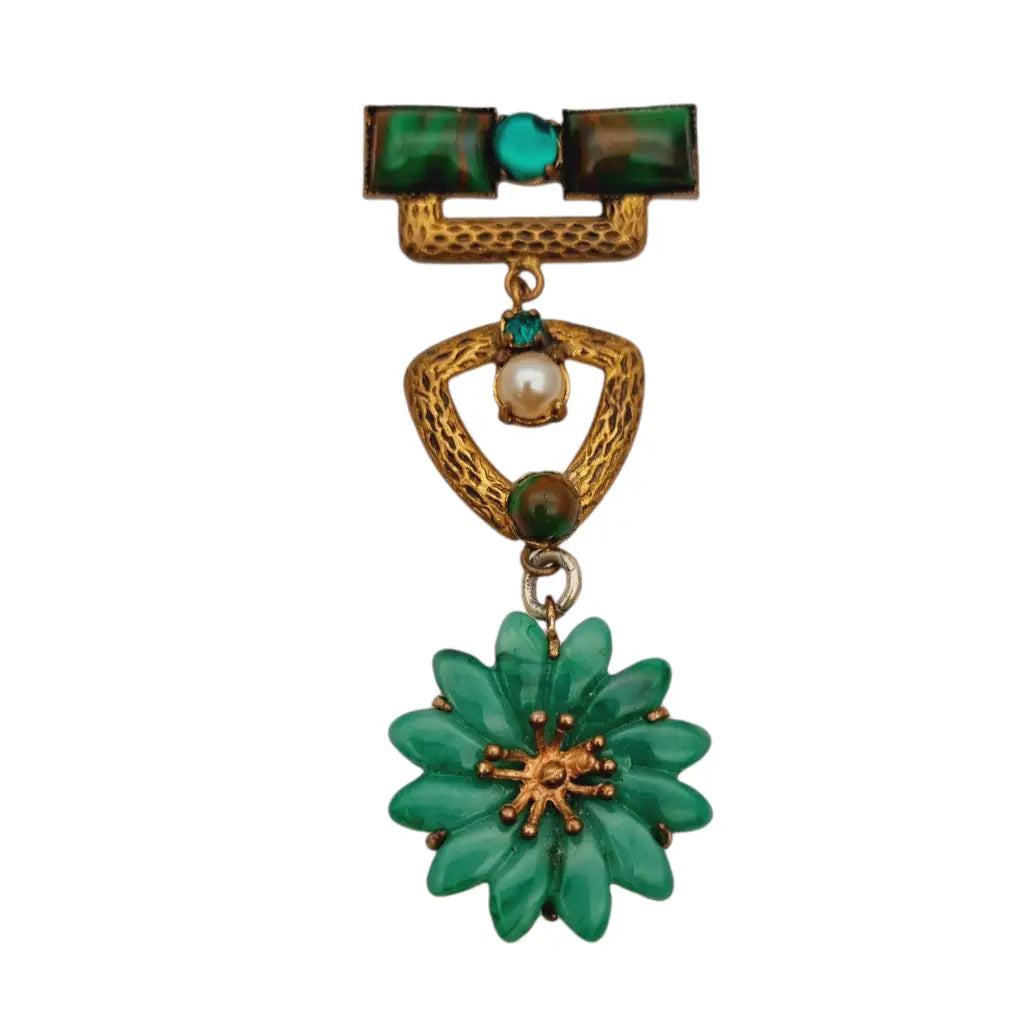 Broche art déco articulado flor verde bisutería fantasía con pedrería