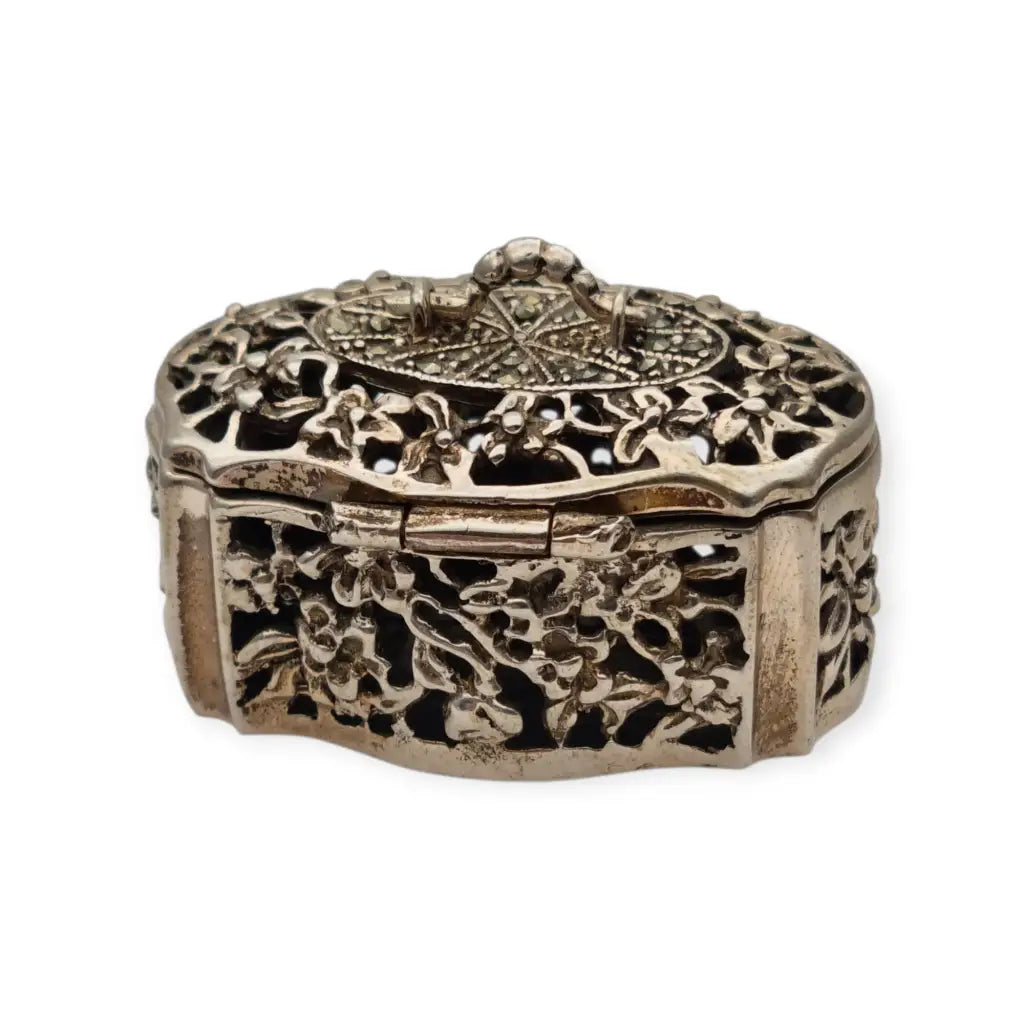 Caja antigua de plata 800 calada con flores y marcasitas Circa 1970.