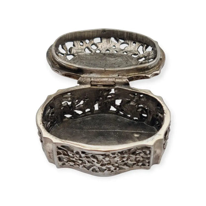 Caja antigua de plata 800 calada con flores y marcasitas Circa 1970.