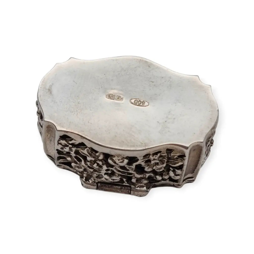 Caja antigua de plata 800 calada con flores y marcasitas Circa 1970.