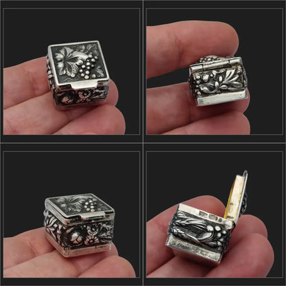 Caja antigua de plata 925 repujada interior dorado flores y un racimo uvas