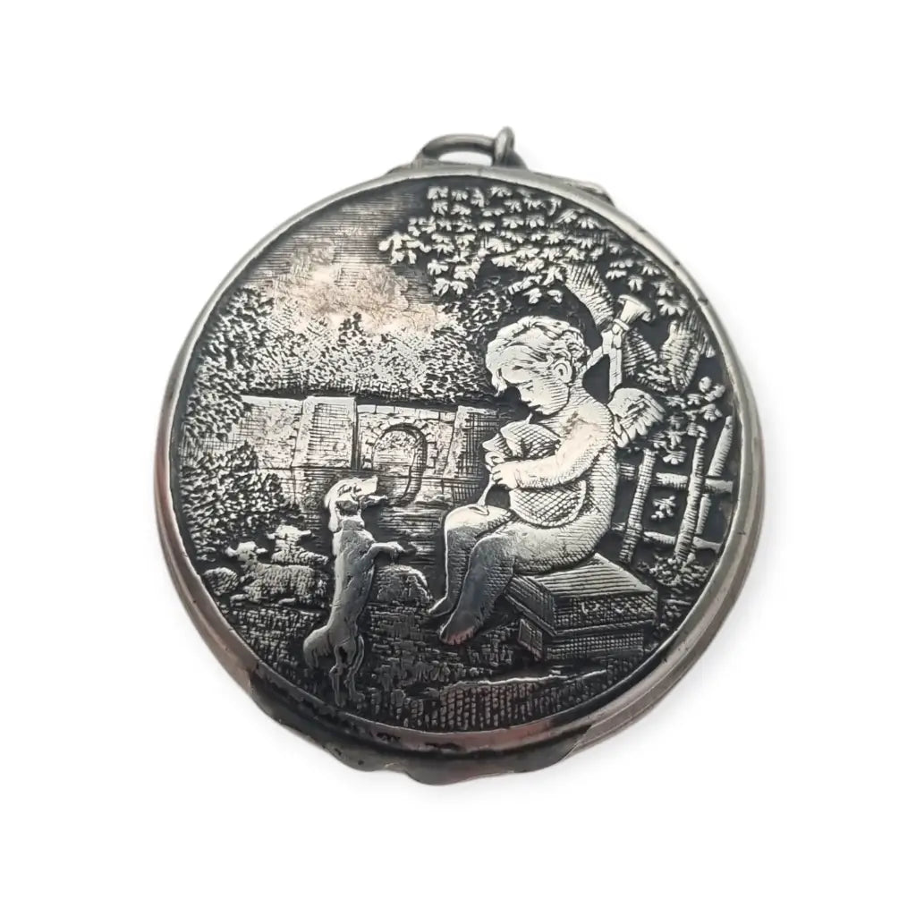 Caja Polvera redonda de plata romántica con una escena pastoral décadas