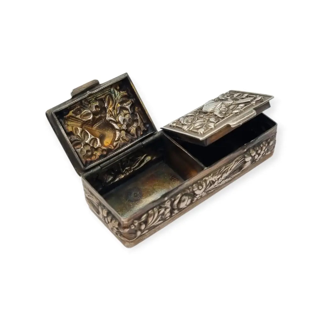 Caja rectangular antigua plata 925 pastillero doble tapa repujados joyero