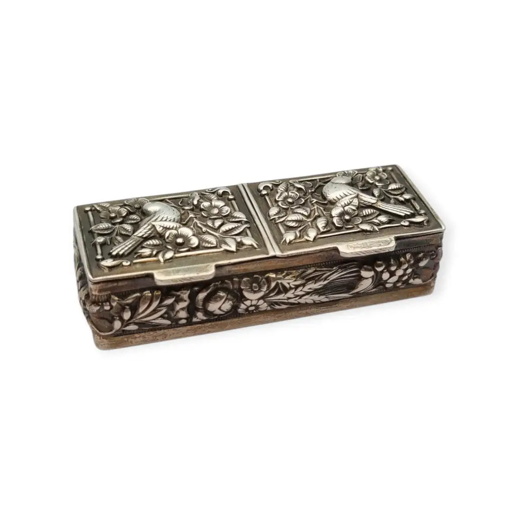 Caja rectangular antigua plata 925 pastillero doble tapa repujados joyero