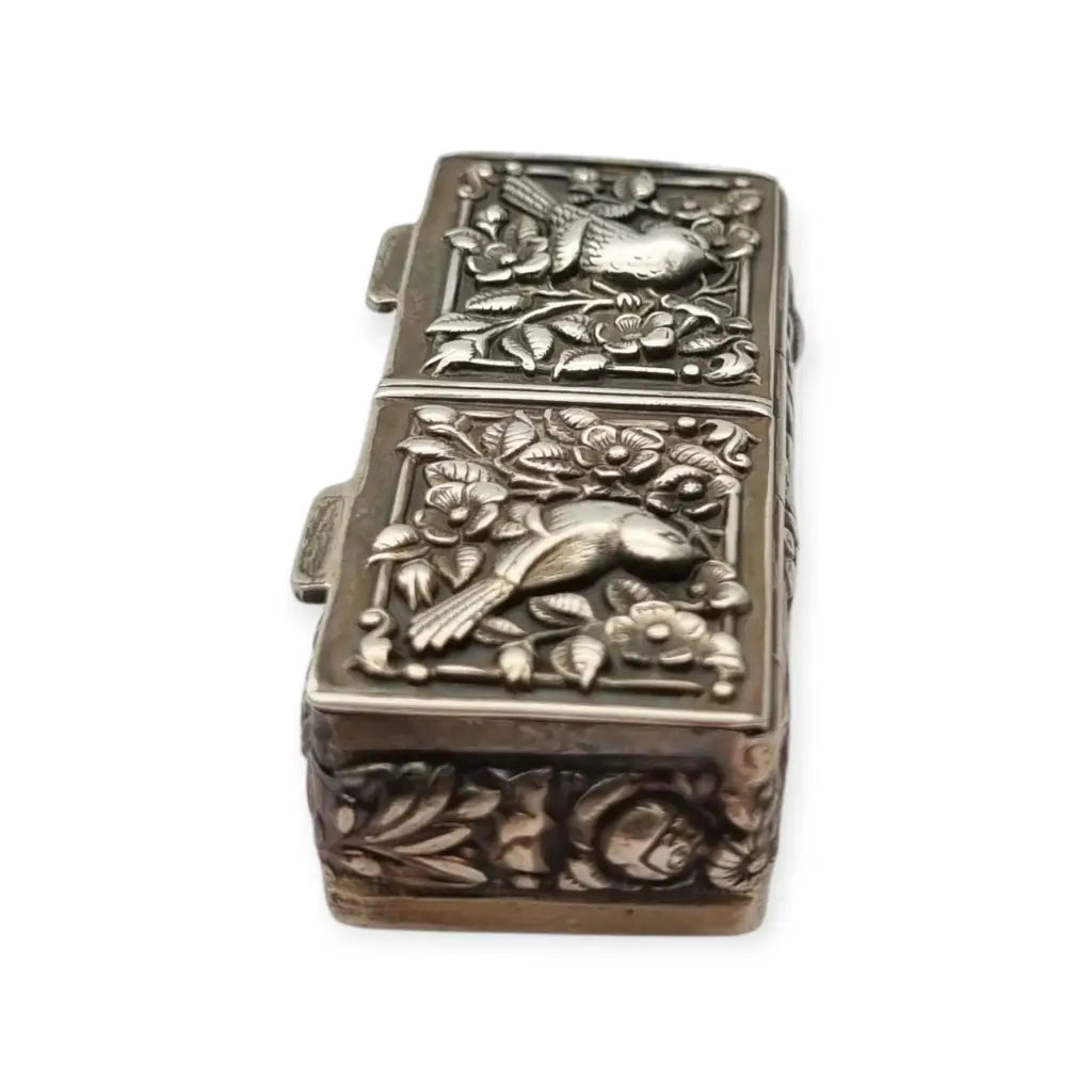 Caja rectangular antigua plata 925 pastillero doble tapa repujados joyero