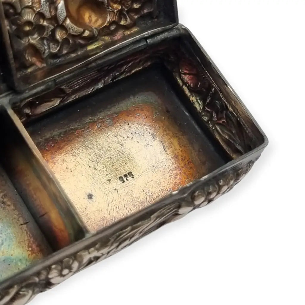 Caja rectangular antigua plata 925 pastillero doble tapa repujados joyero