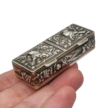 Caja rectangular antigua plata 925 pastillero doble tapa repujados joyero