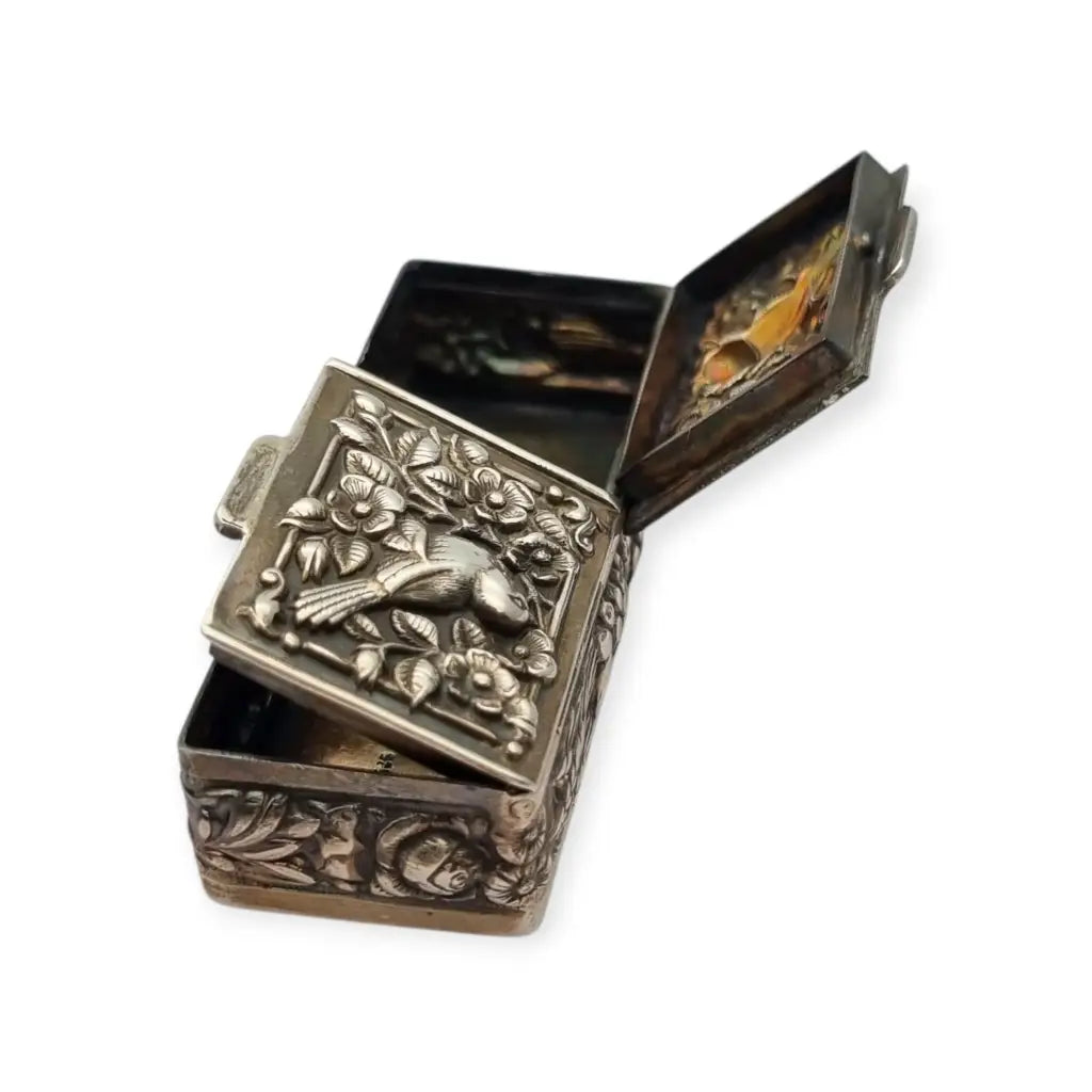 Caja rectangular antigua plata 925 pastillero doble tapa repujados joyero