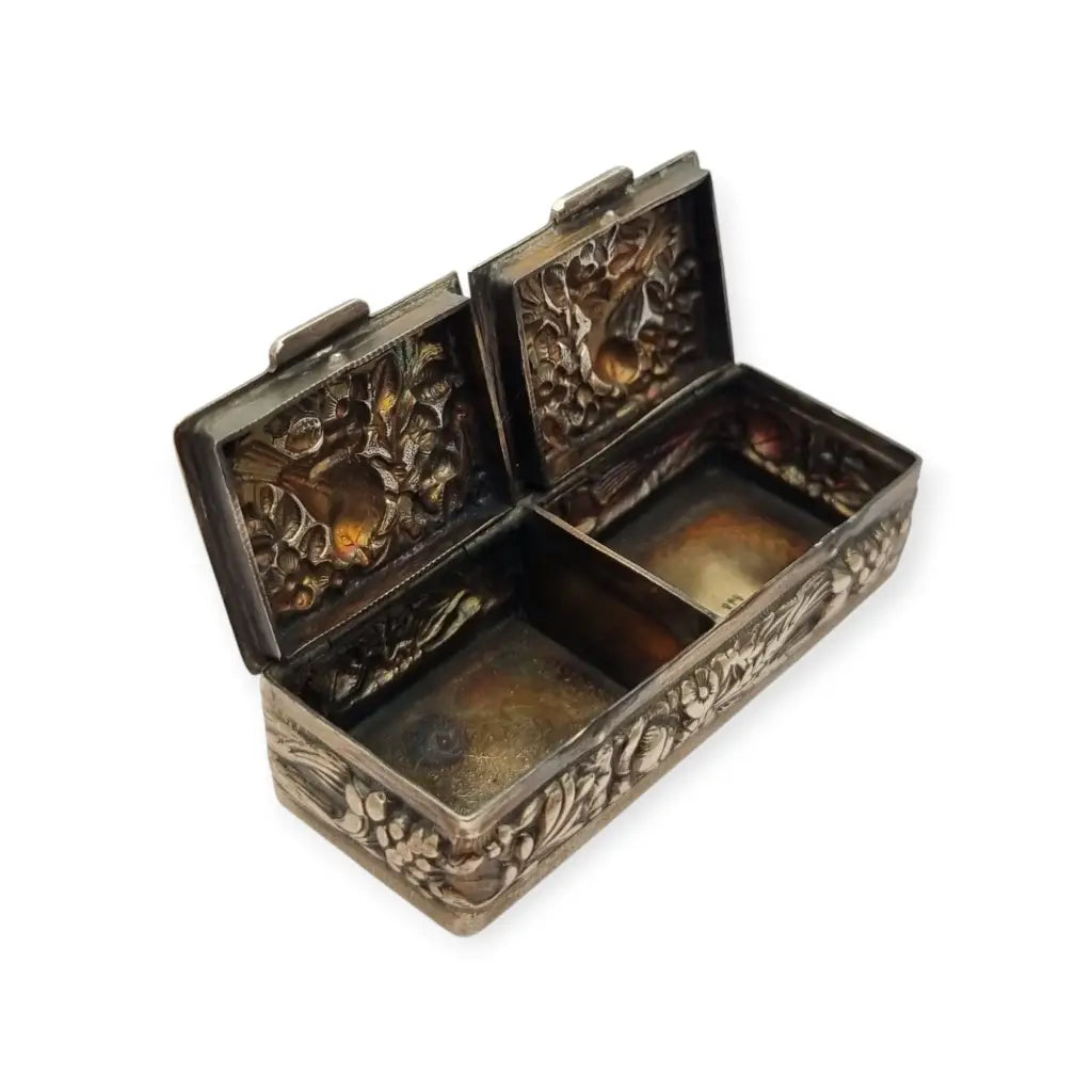 Caja rectangular antigua plata 925 pastillero doble tapa repujados joyero
