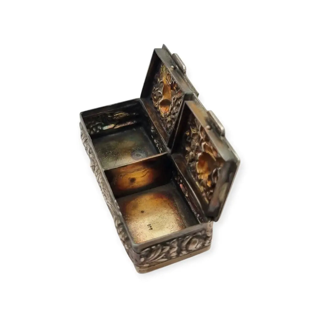 Caja rectangular antigua plata 925 pastillero doble tapa repujados joyero